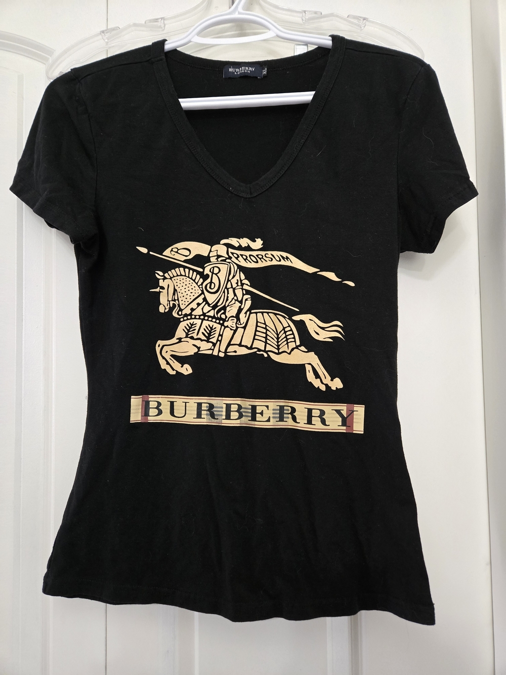 Burberry Black V-Neck Tee with Gold Knight Motif